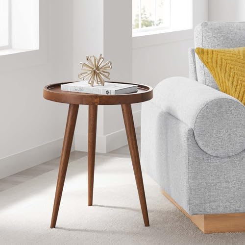 Modway Chiro Solid Wood Side Table in Walnut with Tray Top - Mid-Century Mode...