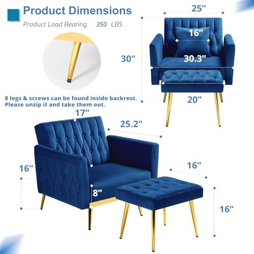2 Pieces Velvet Sofa Set with Adjustable Armrest and Backrests, Blue | 70” Co...