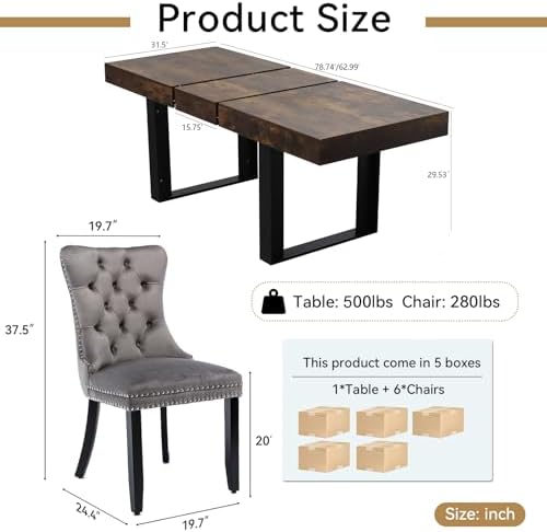 7-Piece Extendable Dining Table Set for 6, 63-78 Inch Rustic Brown Kitchen Ta...