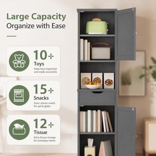 Walsunny Tall Bathroom Storage Cabinet with 6 Adjustable Shelves, Gray