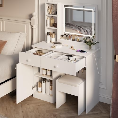 Dressing Table Set, Large Storage Space vanity with Mirror, Power Outlet, Mak...