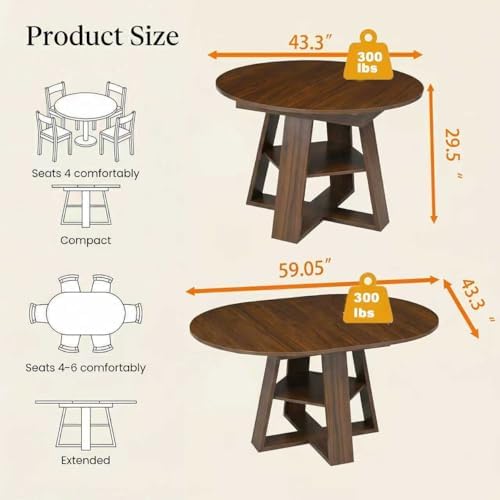 43.3-59" Extendable Round Dining Table, Modern Oval Kitchen Table with R...