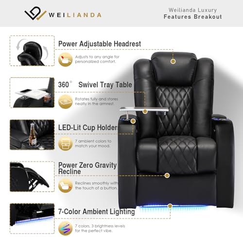 Weilianda Home Theater Seating, Top Grain Leather Movie Theater Chair | Black...