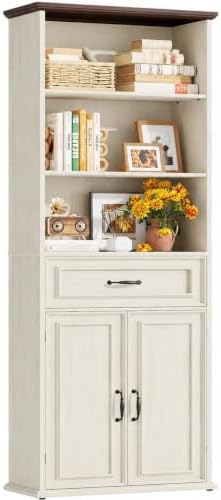 Cyclysio 80" Tall Bookcase with Drawer and Doors, Antique White/Walnut