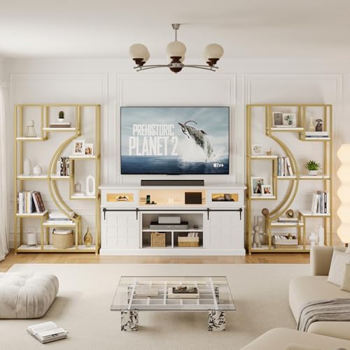 HolliWill Modern Book Shelf, White and Gold Bookshelf, 70.8 Inch Tall Etagere...