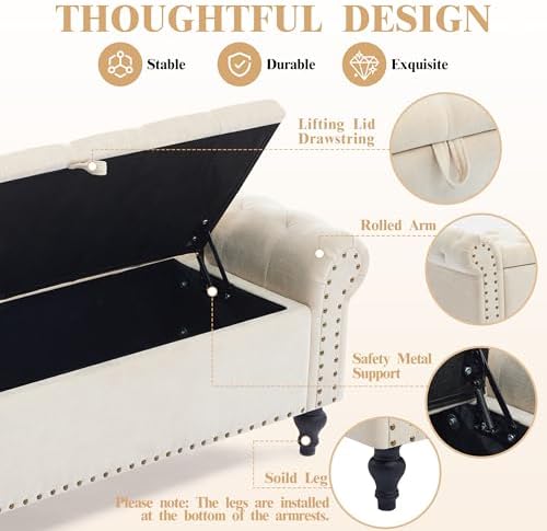 51" Storage Bench for Bedroom, Upholstered Ottoman Bench, Chenille Beige...
