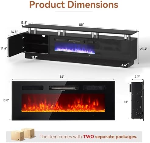 80" Fireplace TV Stand, 2-Tier LED Entertainment Center with 36" Fi...