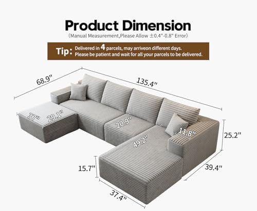 135.4" Cloud Modular Sectional Couch with 1 Ottoman,Modern Minimalist Up...