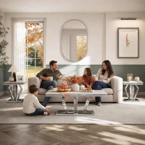 2 Piece Silver Living Room Table Set, Luxury Coffee Table Set | Gray Top, Sil...