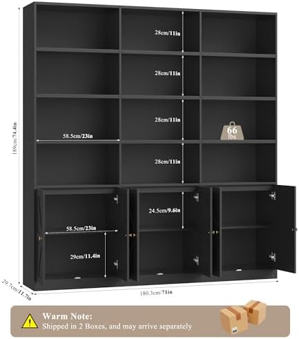 FACBOTALL 75" Tall Bookshelf, Black Bookshelf and Bookcase with 6 Doors