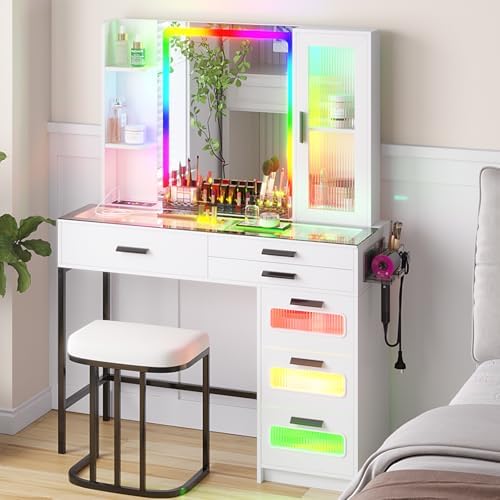 WOOVIVS Vanity Desk with Lights and Mirrror&Charger for Bedroom-White | 6...