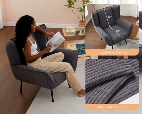 Corduroy Wingback Accent Chair, High Back Armchair with Deep Seat, Gray