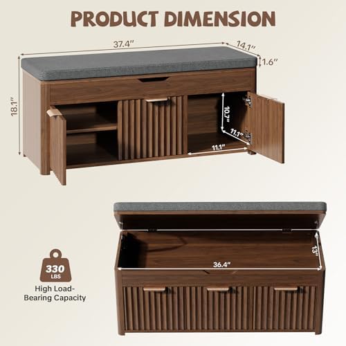 37.4" W Shoe Bench with Storage, Lift Top Entryway Bench, Walnut | 2-Tie...