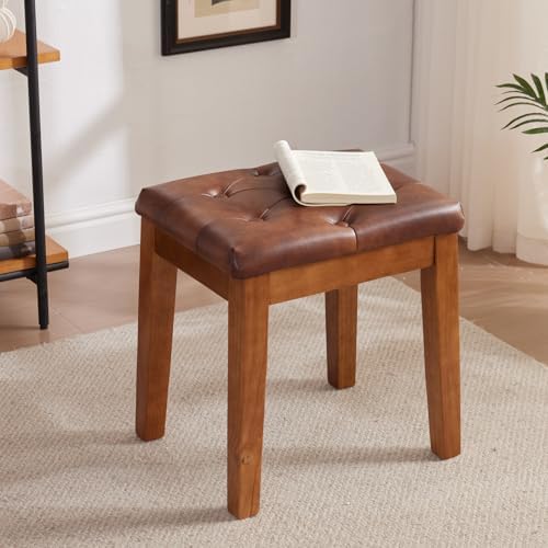 Ottoman Vanity Wooden Stool with Padded Seat, Faux Leather Brown | Square Woo...