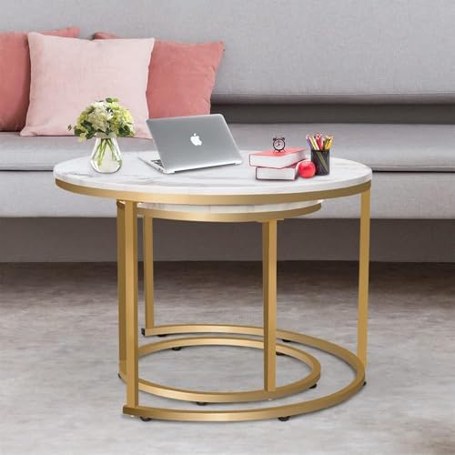 aboxoo Coffee Table Nesting White Set of 2 Side Set Golden Frame Circular Rou...