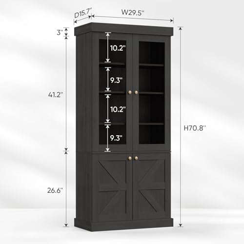 71" Tall Farmhouse Bookshelves with Glass Doors, Rustic Large Bookcase w...