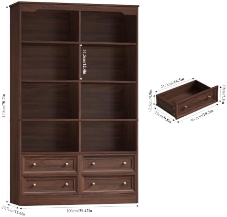 FINETONES 71" Tall Bookshelf with 4 Drawers Large Bookshelf Office Bookcase