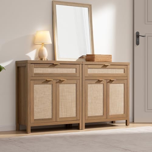 SICOTAS Sideboard Buffet Cabinet Set of 3, Rattan Credenza Storage Cabinet