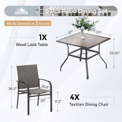 SUNSHINE VALLEY Patio Dining Set for 4, 37" Metal Table & Brown Chairs