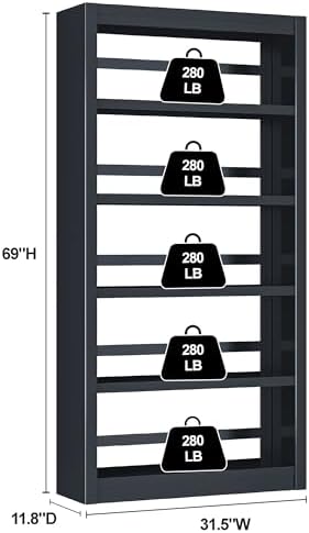 Bookcase, 5-Shelf Industrial Bookshelf, Large Storage Space, Adjustable Books...