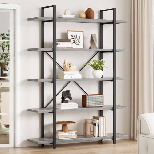 HSH Rustic Bookshelf, Industrial 5 Tiers Open Bookcase, Light Grey Oak