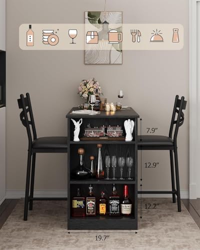 Garvee Extendable Bar Table and Chairs Set, 3 Piece Bar Table Set, Black