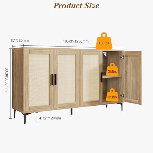 JASIWAY Buffet Cabinet with Storage, 48" Rattan Coffee Bar Cabinet Station