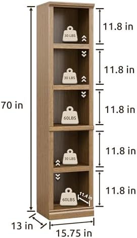 70" Tall Vintage Oak Bookcase, 5 Tiers Narrow Bookshelf for Living Room