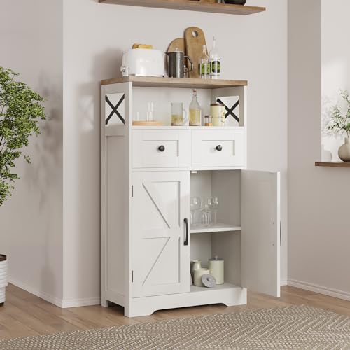 Farmhouse Storage Cabinet with Drawers, Small Kitchen Pantry Cabinet, White