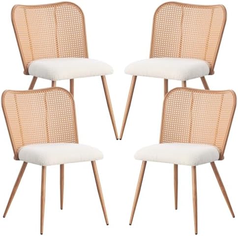 Rattan Dining Chairs Set of 4,Modern Chairs with Cane Back Upholstered Boucle...