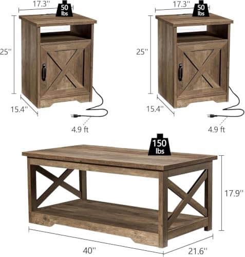 LUXOAK 3 Piece Living Room Table Set with Barn Door, Barnwood | Includes Coff...