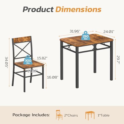 Zevemomo 3-Piece Dining Table Set, Dining Table for 2, Brown