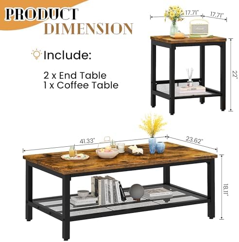 Recaceik 3-Piece Living Room Coffee Table Set, Industrial Coffee Table with 2...