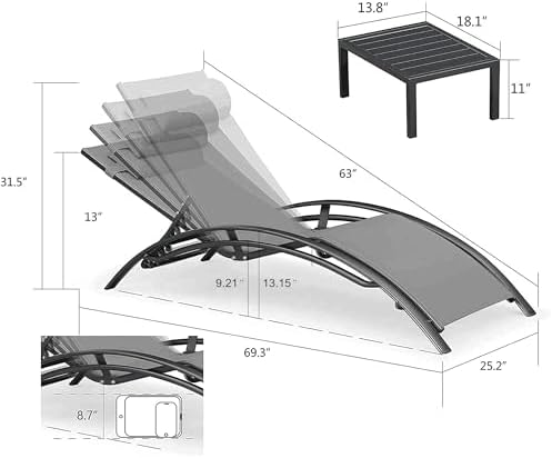 PURPLE LEAF Patio Pool Lounge Chaise Set of 3 Outdoor Lounger Chair, Grey | 2...