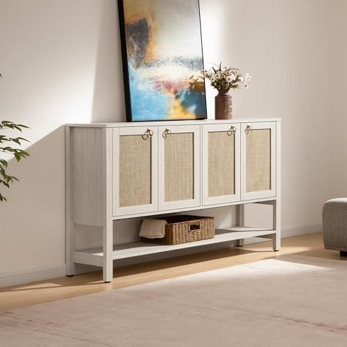 SICOTAS White Sideboard Buffet Cabinet with Rattan Doors, 55" Boho Credenza