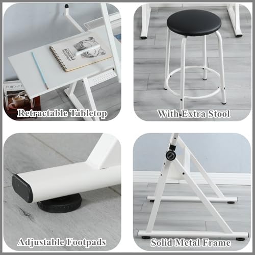 Drafting Table for Artists, Glass Drawing Table with Stool,T1-White