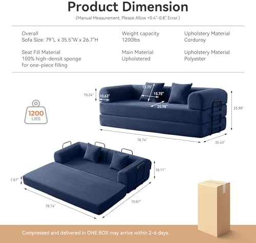 79" Convertible Sofa Bed, Couch for Small Living Room | Corduroy Lovesea...