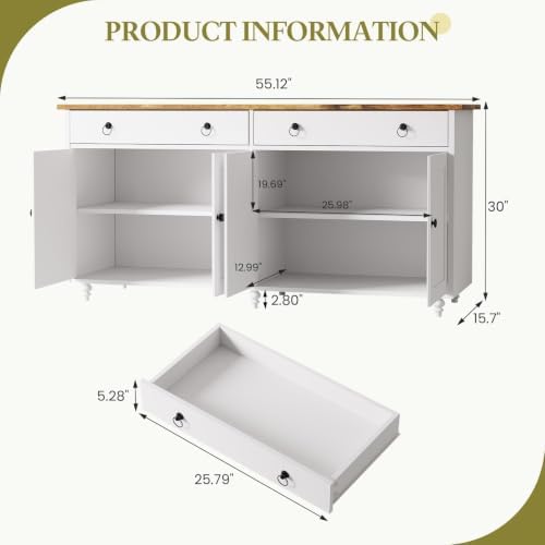 4 EVER WINNER 55" Buffet Cabinet with Storage and Drawers, Large Sideboa...