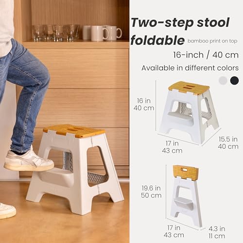Vigar Compact Folding Step Stool, 16 in 2 Step, Gray Bamboo Print