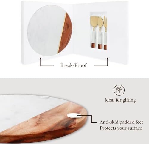Marble Cheese Board with Wooden Thick Inlay - 3 Knife Set Included Round Char...