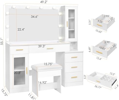 BEWISHOME 49.2" Large Glass Top Vanity Desk with Lighted Mirror and Stoo...
