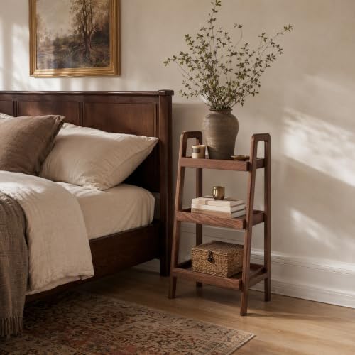 Solid Oak Small Bookshelf, 3 Tier Ladder Shelf Walnut Bookcase