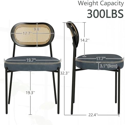 Rattan Dining Chairs Set of 2, Blue Leather Upholstered Dining Chairs with Ra...
