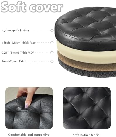 Bsketa Round Storage Ottoman, 14" Folding Leather Foot Rest Stool, Black