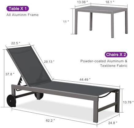 PURPLE LEAF Patio Lounge Chair Set for 2, Quick-Dry Fabric, Grey | Rust-resis...