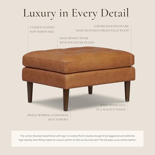 Poly & BARK Napa Ottoman - Full-Grain Leather Upholstered Ottoman with Fe...