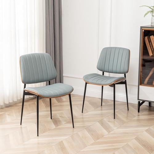 LUNLING Dining Room Chairs Mid Century Modern Retro Blue Faux Leather Chair w...