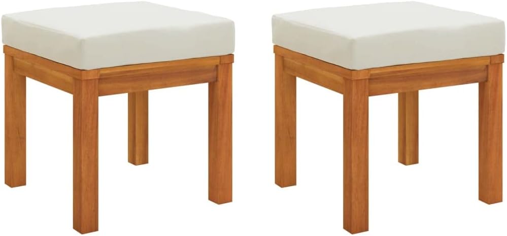 Solid Acacia Wood Garden Stools with Cushions 2 Pcs, 15.7x15.7x16.5 Inch Outd...
