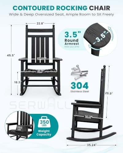 SERWALL Comfortable Outdoor Rocking Chairs Set of 3, Black