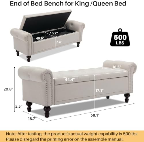 SOFTHION 58.1" Storage Bench for Bedroom, Linen Upholstered, Beige | End...
